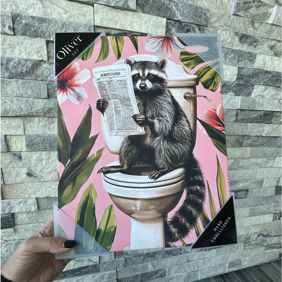 Raccoon on Toilet reading Paper “ Always Flush “  Bathroom Wall Art Home Decor - Picture 10 of 11